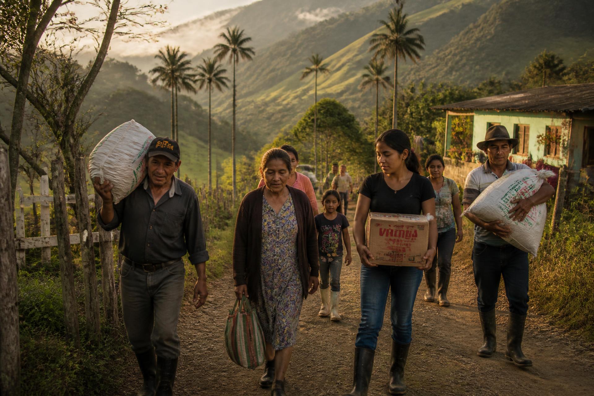 Vecinos caminando juntos por un camino rural en las montañas de Colombia, llevando bultos y cajas de ayuda al amanecer.